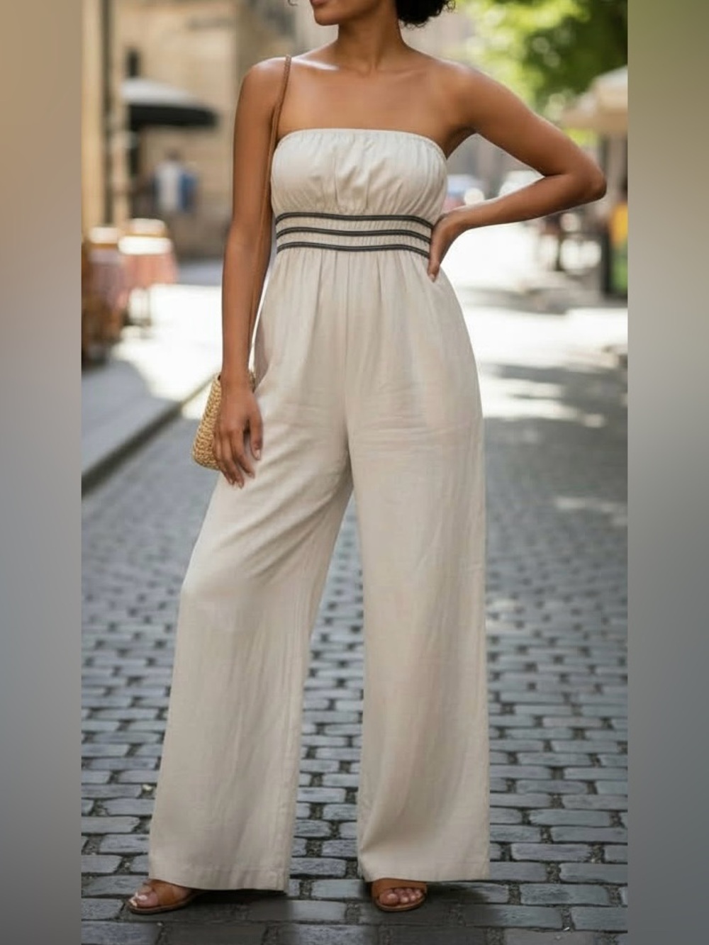 Strapless Wide-Leg Jumpsuit in Cream/Black NWOT women’s size large
